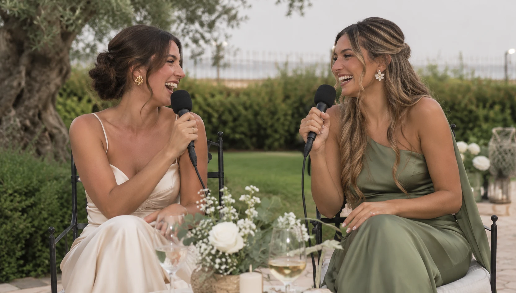 Dos amigas de la novia se emocionan hablando al micrófono en el jardín