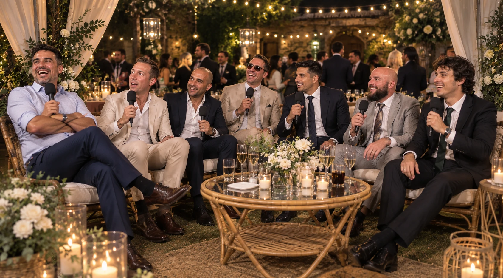 Set de televisión para bodas con sofás de mimbre, flores blancas y velas